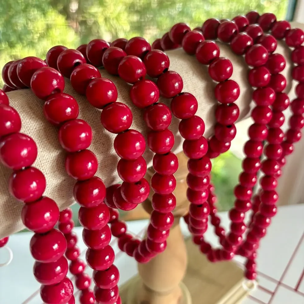 Vintage Bright Red Wooden Bead Garland 12 Ft Rustic Farmhouse Decor
